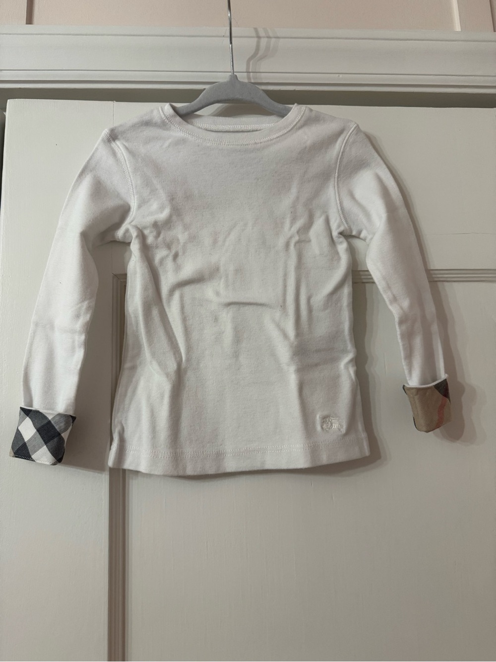Burberry Girls' White Long-Sleeve Tee with Plaid Cuff Detail